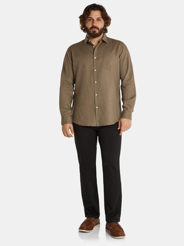 Johnny Bigg dark khaki linen long-sleeve skirt for fall engagement photo ideas for men