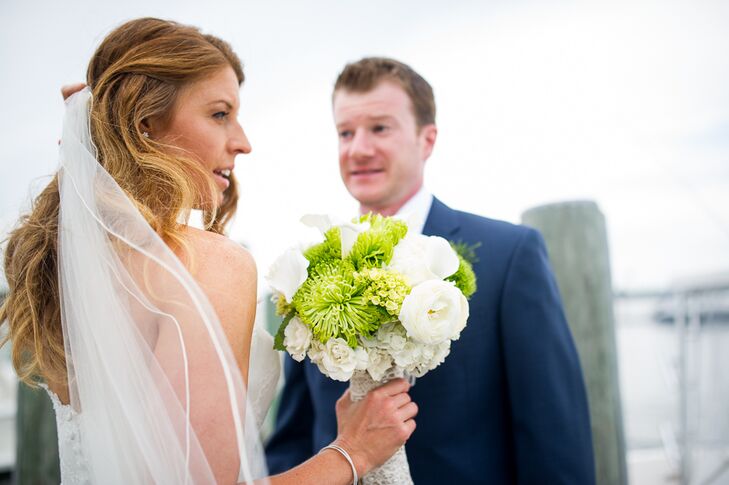 Bride Holding White and Green Bouquet