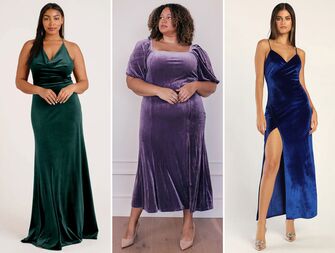 collage of three mismatched jewel-tone bridesmaid dresses