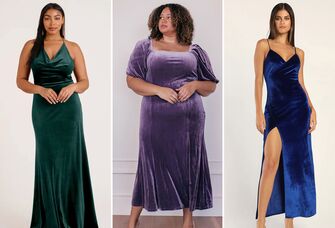 collage of three mismatched jewel-tone bridesmaid dresses