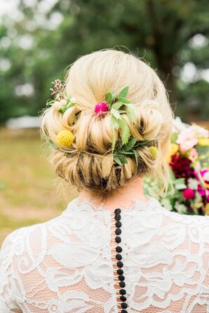 Boho Updo with Yellow Craspedia and Foliage
