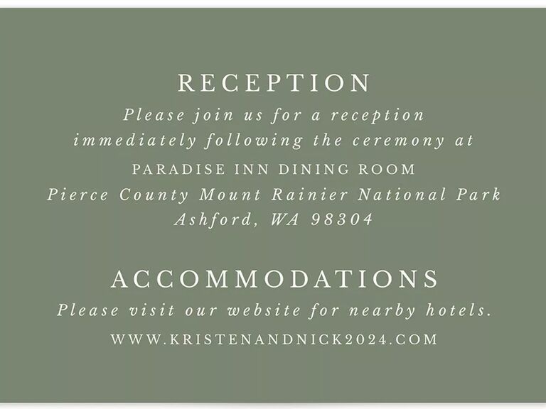 'Reception,' 'Accommodations' and info in minimal white type on forest green background