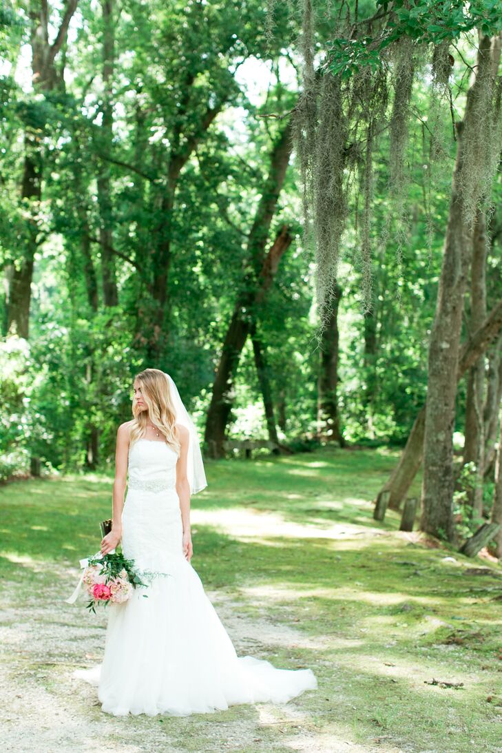 Jamie wore a figure-flattering mermaid-style gown with tulle and lace detailing on the skirt. But the biggest decision of her bridal look was about her footwear. “Matt happens to be six-foot-five and I'm a staggering five-foot-two, so getting the tallest and most reasonably comfortable shoes was a definite necessity,” she says.
