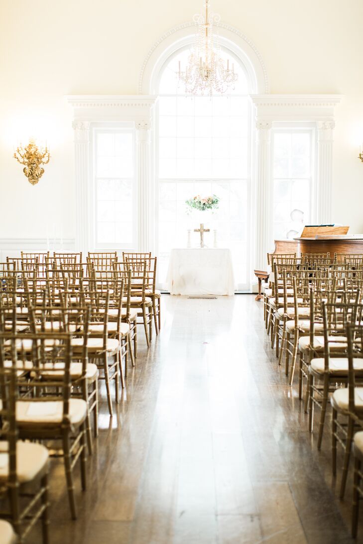 Tall ceilings and large windows created a sunlit, airy space for the ceremony. "The room was so beautiful on its own it did not require much decorating," Bonnie says.