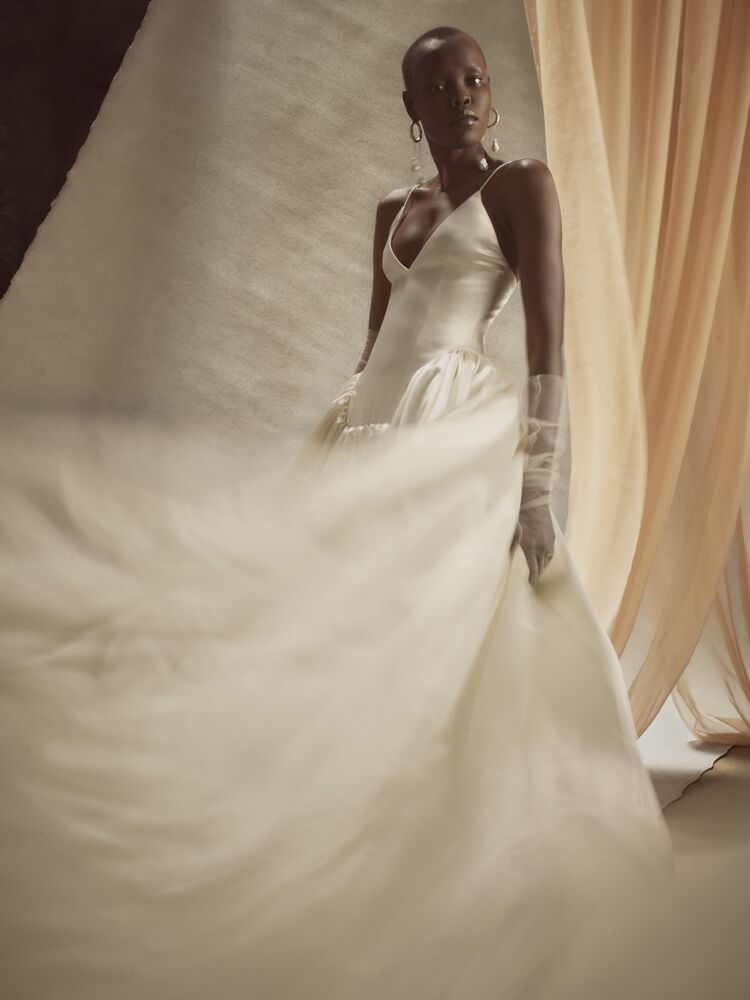 Danielle Frankel silk wool ball gown with shirred skirt