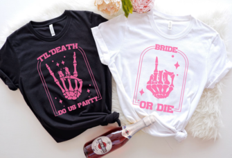 Black and white 'bride or die' and 'til death do us party' halloween bachelorette party t-shirts