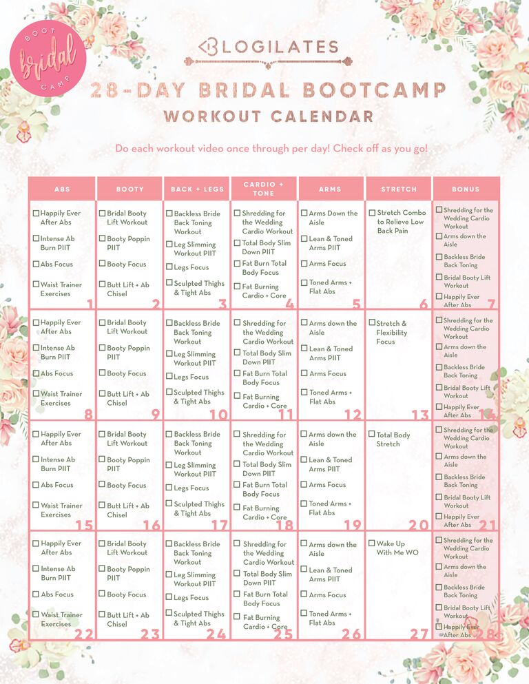 Blogilates bridal bootcamp calendar