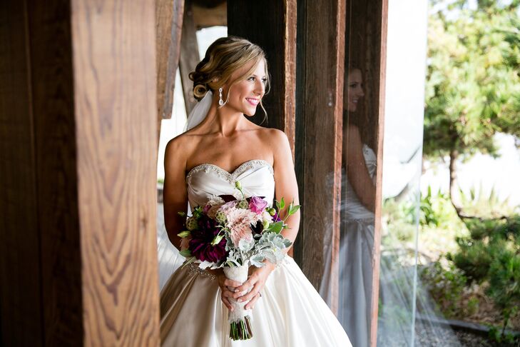 The bride wore a voluminous gown with a sweetheart neckline and beaded detailing from Pnina Tornai.
