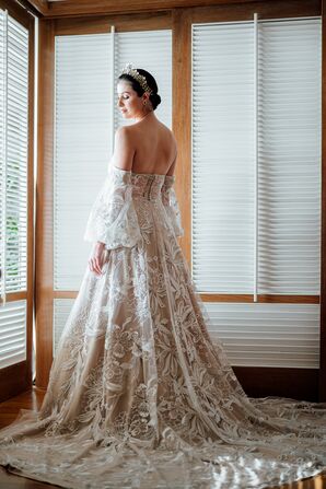 Bride in Whimsical, Off-the-Shoulder Gown With Champagne-Color Underlay and Tiara From Back