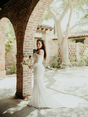 Bride in Soft Fit-to-Flare Lace Gown, Off-the-Shoulder With Long Sleeves, White Bouquet