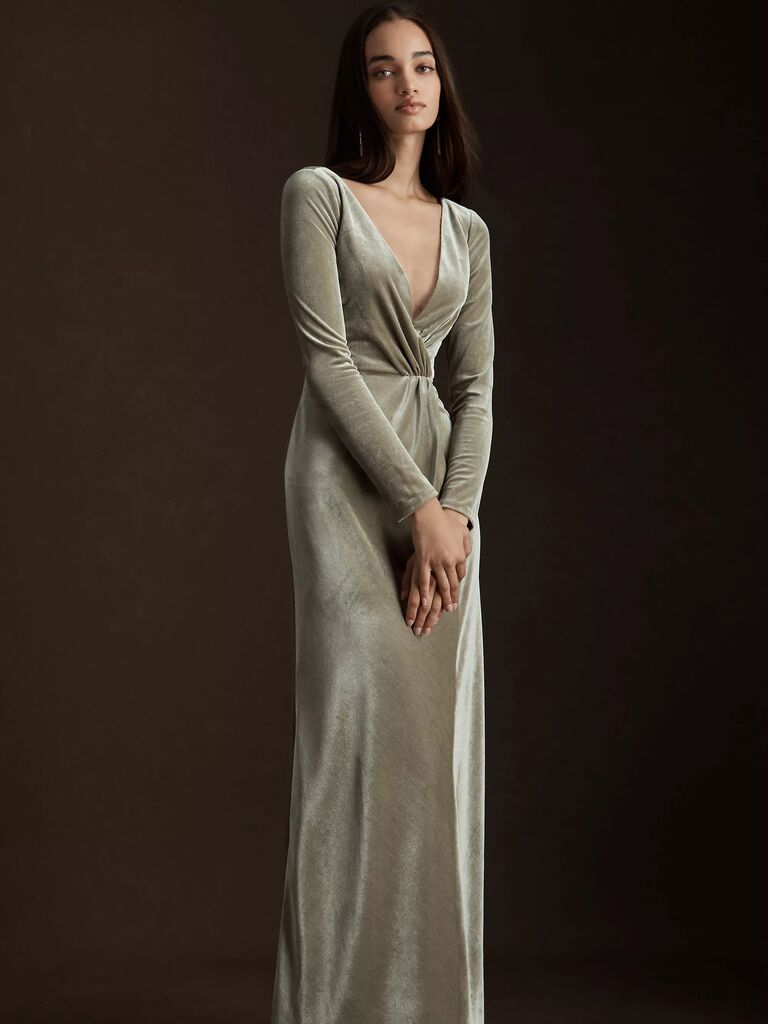 long-sleeve velvet wedding guest dress for spring in sage