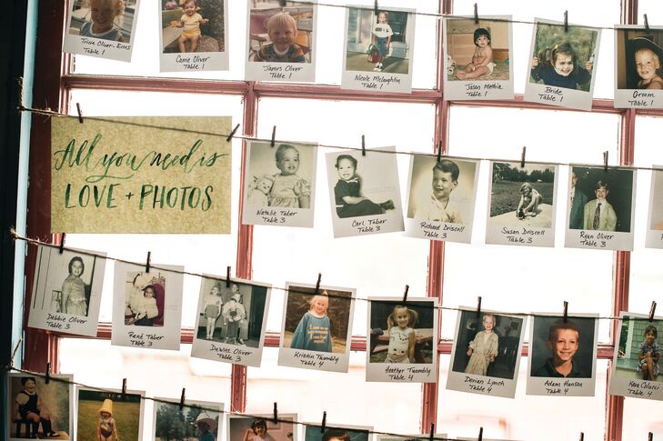 Standard escort cards simply wouldn’t do for Lauren and Dave’s laid-back affair. Instead, the pair put their creativity to work and used Polaroid-inspired photos of all of their friends and family members as children to help their guests find their seats.