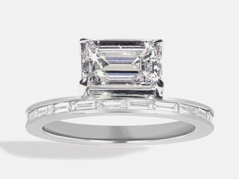 katkim floating emerald cut diamond engagement ring with baguette diamond and white gold band