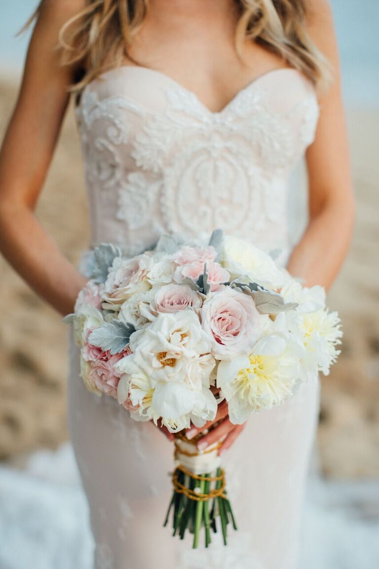 Kelly Kruger in Inbal Dror blush strapless wedding dress with bouquet