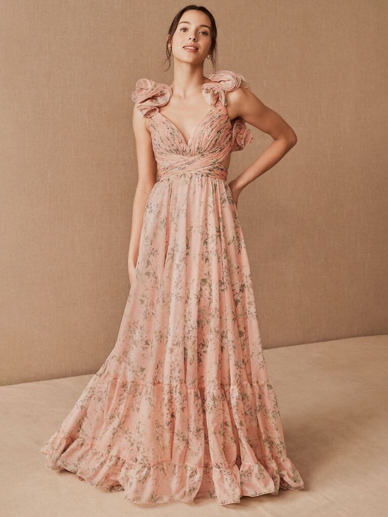 Mac Duggal pink formal floral dress for wedding guests with ruffled shoulders