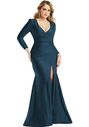 Dessy Group Long Sleeve Draped Wrap Stretch Satin Mermaid Dress with Slight Train - CS102 V-Neck Bridesmaid Dress - thumbnail - 1