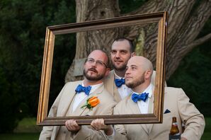 Groomsmen in Khaki Suits and Blue Bow Ties
