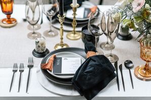 Black-and-Tan Place Setting With Black Velvet Napkin and Leather Napkin Holder