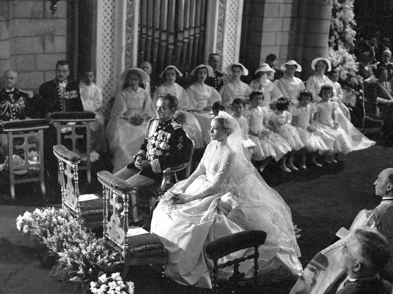 Princess Grace Kelly and Prince Rainier III of Monaco on their wedding day.