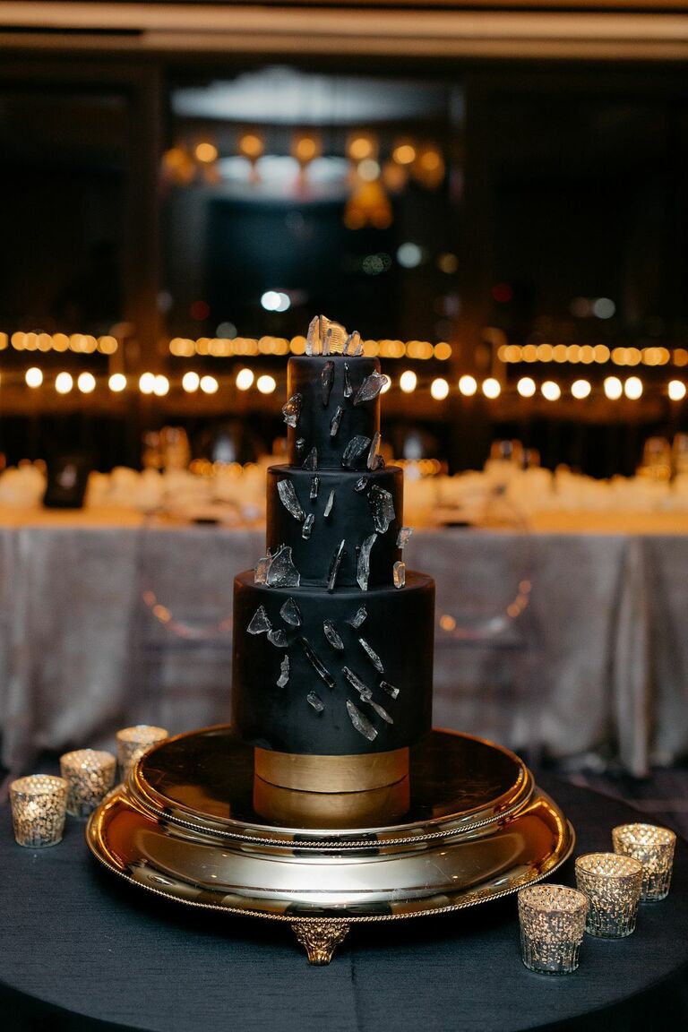 Three-tier modern black wedding cake with sugar shard decorations