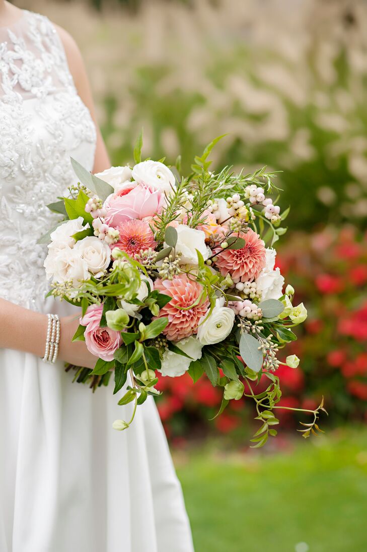 Colorful Bouquet of Pink Dahlias, Ranunculus and Greenery