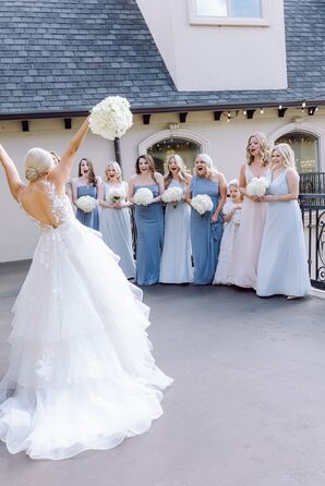 Bridal Party First Look With Bridesmaids in Blue Dresses