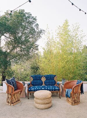 Navy and Rattan Lounge Furniture in Woodside, California.