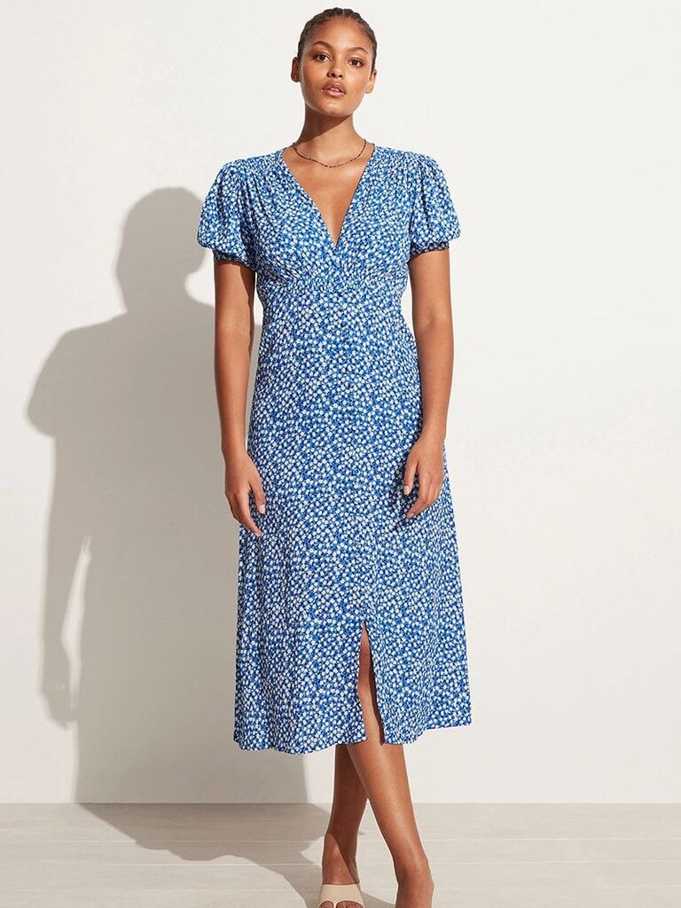 puffed-sleeve wedding guest midi dress with blue floral print
