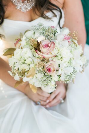Rose and Hydrangea Bouquet with Gold Leaves