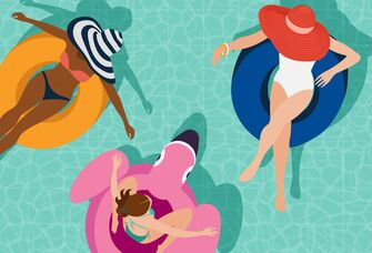 illustrated graphic of three women laying on pool floats