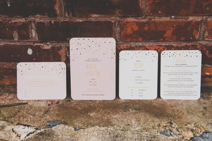 The pink, white and gold color palette was reflected within the glamorous stationery of the wedding invitations. "I loved that the stationery looked like a fun party," Katie says. "It was white or pink, depending on the card, with black, white, gold and pink confetti."
