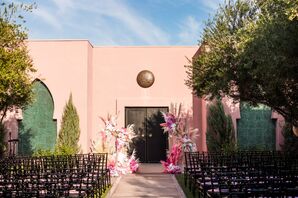 Outdoor Pink Wedding Ceremony Space and Altar at The Sands Hotel in Palm Springs