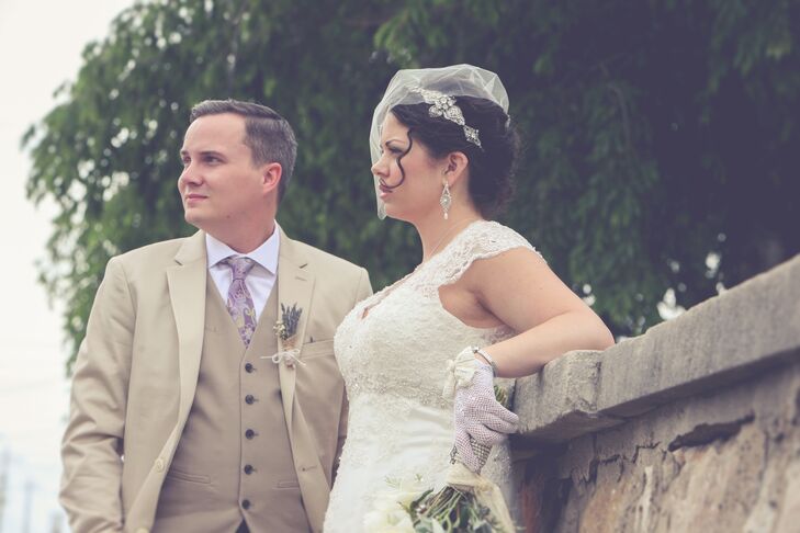 Vintage Groom and Bride with Blusher Veil and Lavender Lace Gloves