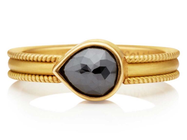 East west teardrop black diamond engagement ring on gold band