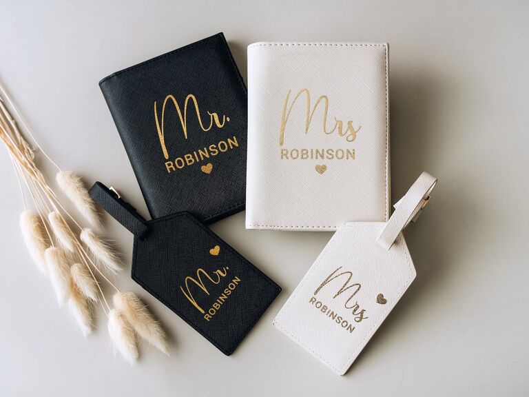 Mr. and Mrs. luggage tags and passport holders. 