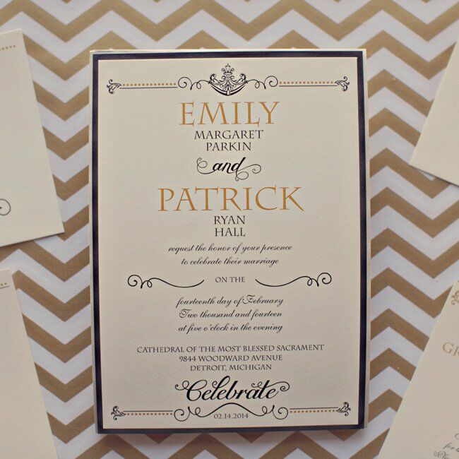 The custom ivory, black and gold invitation suite was chosen for its classic, timeless design.