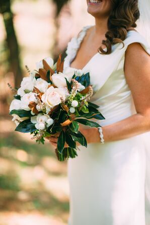 Bouquet with Blush and Ivory Roses, White Dahlias and Magnolia Leaves