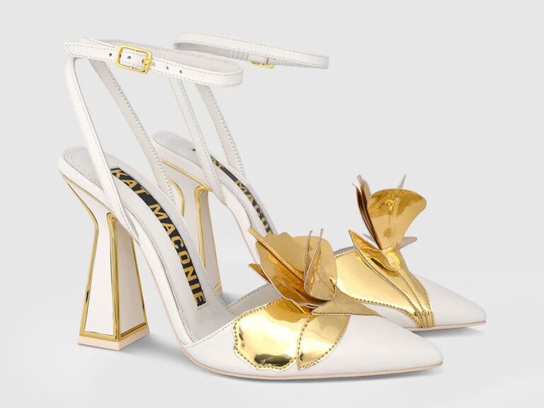 Kat Maconie white and gold bridal pumps with 3D gold petals