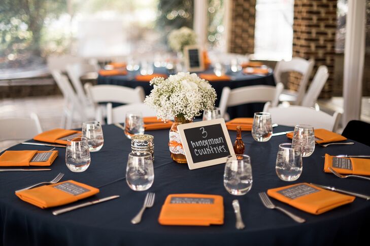 Orange-and-Navy Reception Tables