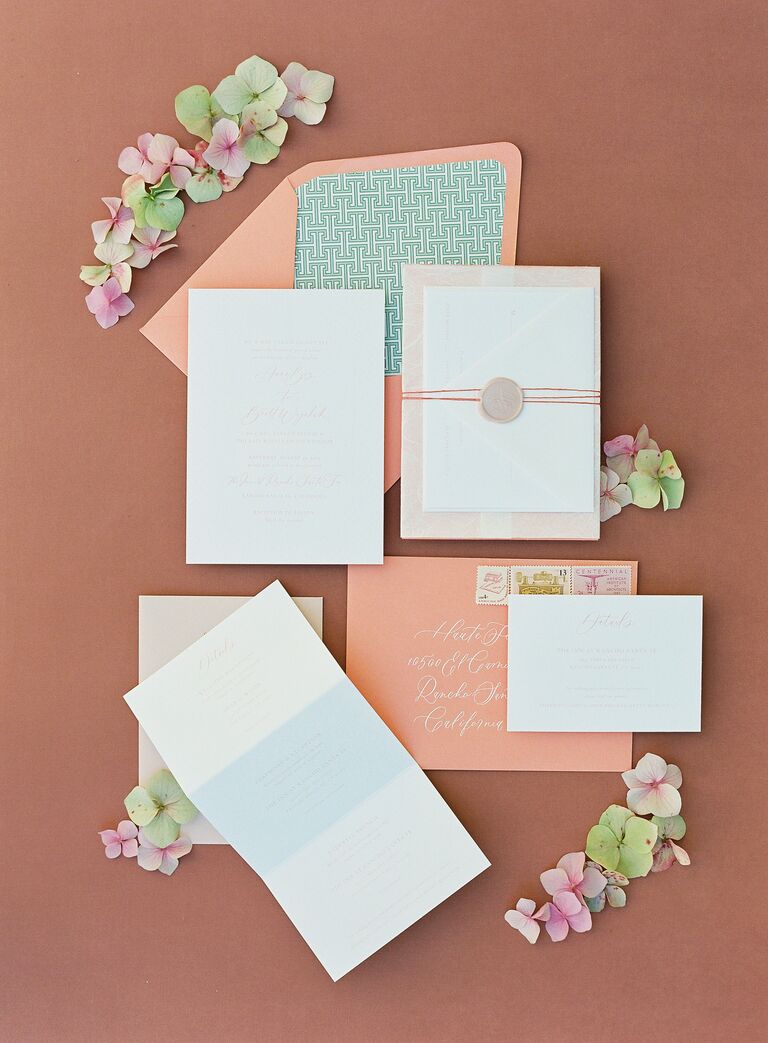2022 wedding colors invitation suite with peach envelope, mint green envelope liner and wax seal stamp