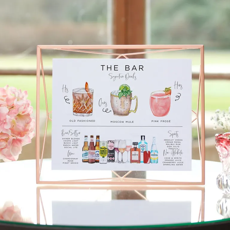 Watercolor cocktail image sign with rose gold frame for wedding