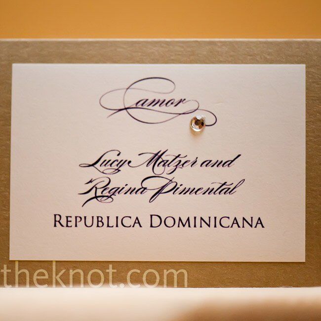 Tiny rhinestones added a little sparkle to the purple-and-gold escort cards. The tables were named after places that were significant to the couple, including the Dominican Republic, where Rogelio proposed.