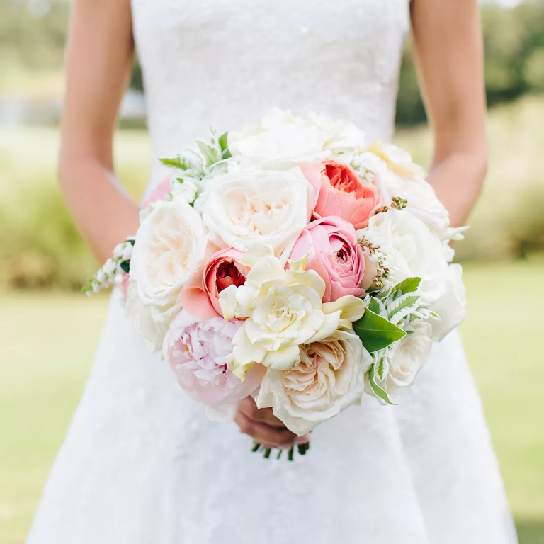Ivory and pink gardenia wedding bouquet