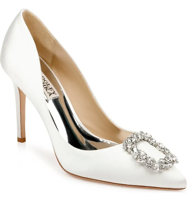 Satin pumps with crystal brooch on toe