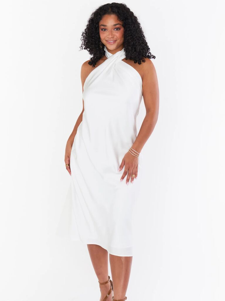 engagement party midi dress with halter neckline 