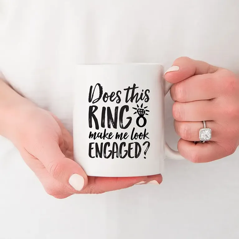 'Does This Ring Make Me Look Engaged?' Custom White Ceramic Coffee Mug Engagement Photo Prop
