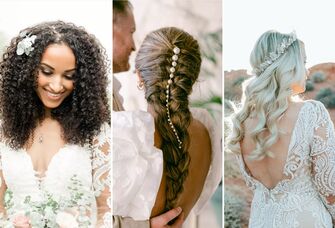 Collage of wedding hairstyles for long hair. 