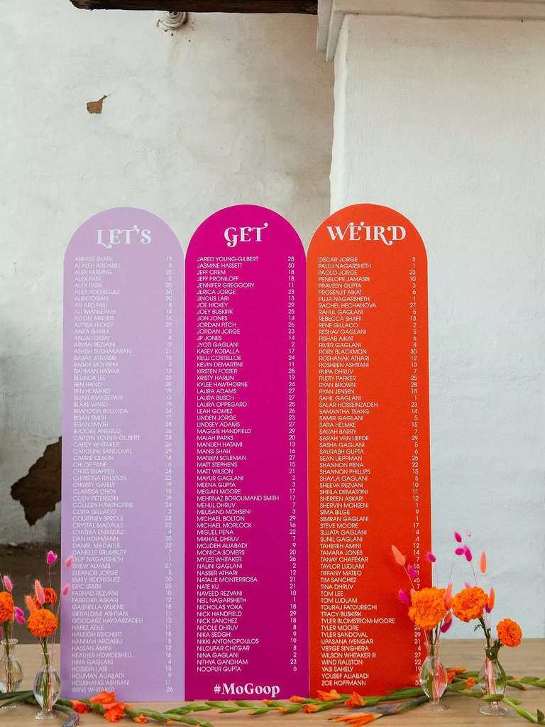 This triptych of pale pink, fuchsia, and tangerine sets the tone for this fun and bubbly celebration.