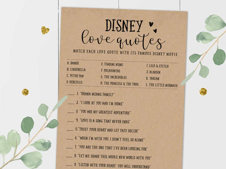 Disney love quotes printable wedding game.