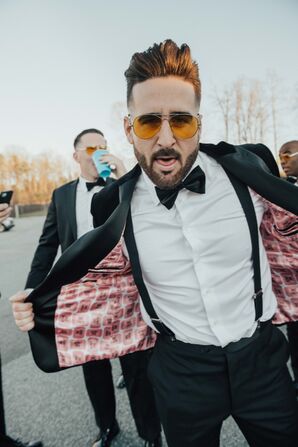 Modern Groom with Personalized Black Velvet Tuxedo and Bow Tie
